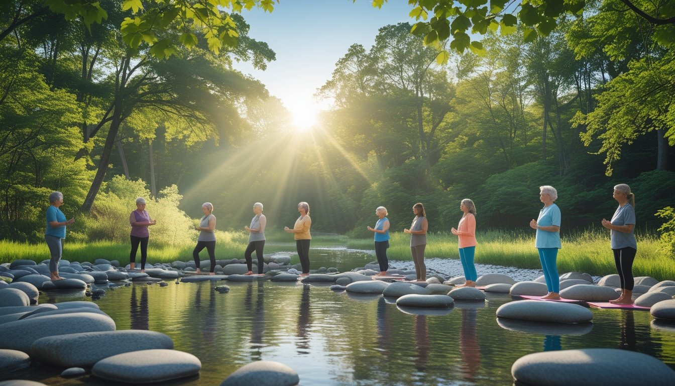 A group of adults peacefully engaging in mindful activities in a sunlit forest clearing with green trees and a nearby stream.