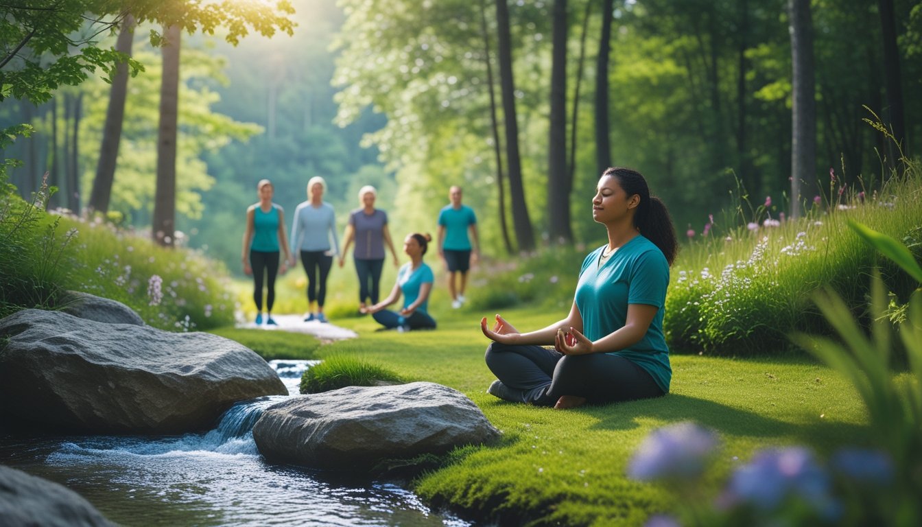 People enjoying peaceful nature activities in a green forest clearing with a stream and sunlight filtering through the trees.