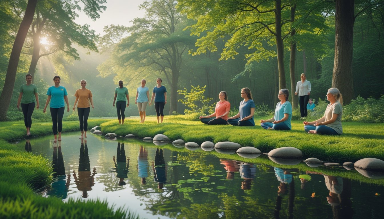 People enjoying peaceful activities in a green forest clearing near a calm pond, surrounded by trees and nature.