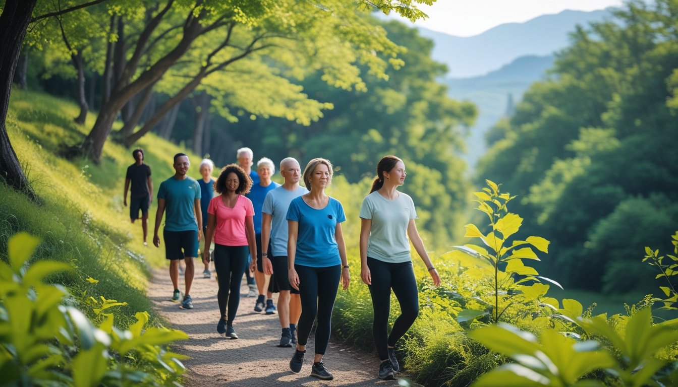 People walking peacefully on a forest path surrounded by green trees and sunlight.