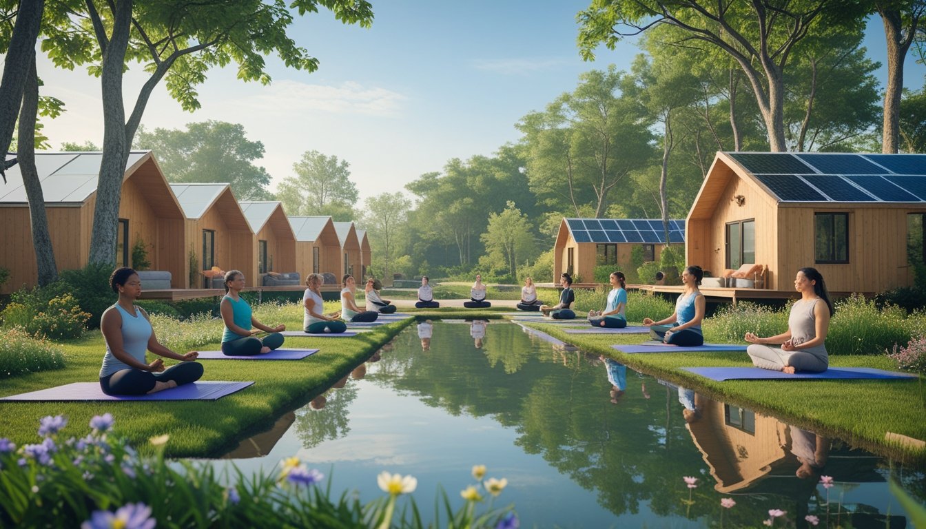 People meditating outdoors near sustainable wooden cabins surrounded by trees, flowers, and a calm pond.