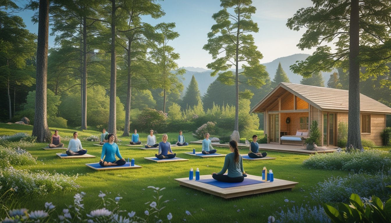People meditating and doing yoga outdoors at an eco retreat surrounded by trees, flowers, and natural wooden structures.