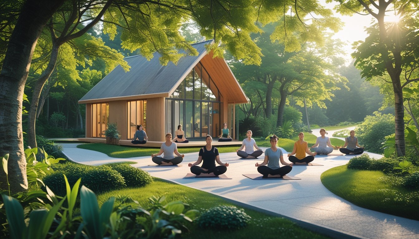 People practising yoga and meditation near a wooden cabin surrounded by green trees and plants in a peaceful natural setting.