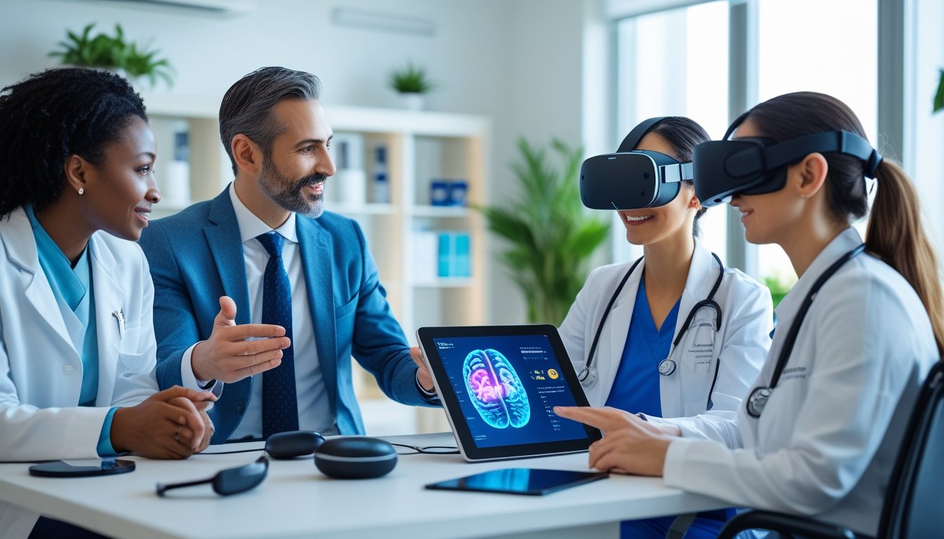Healthcare professionals discussing mental health treatment in a modern clinic while a patient uses virtual reality therapy.