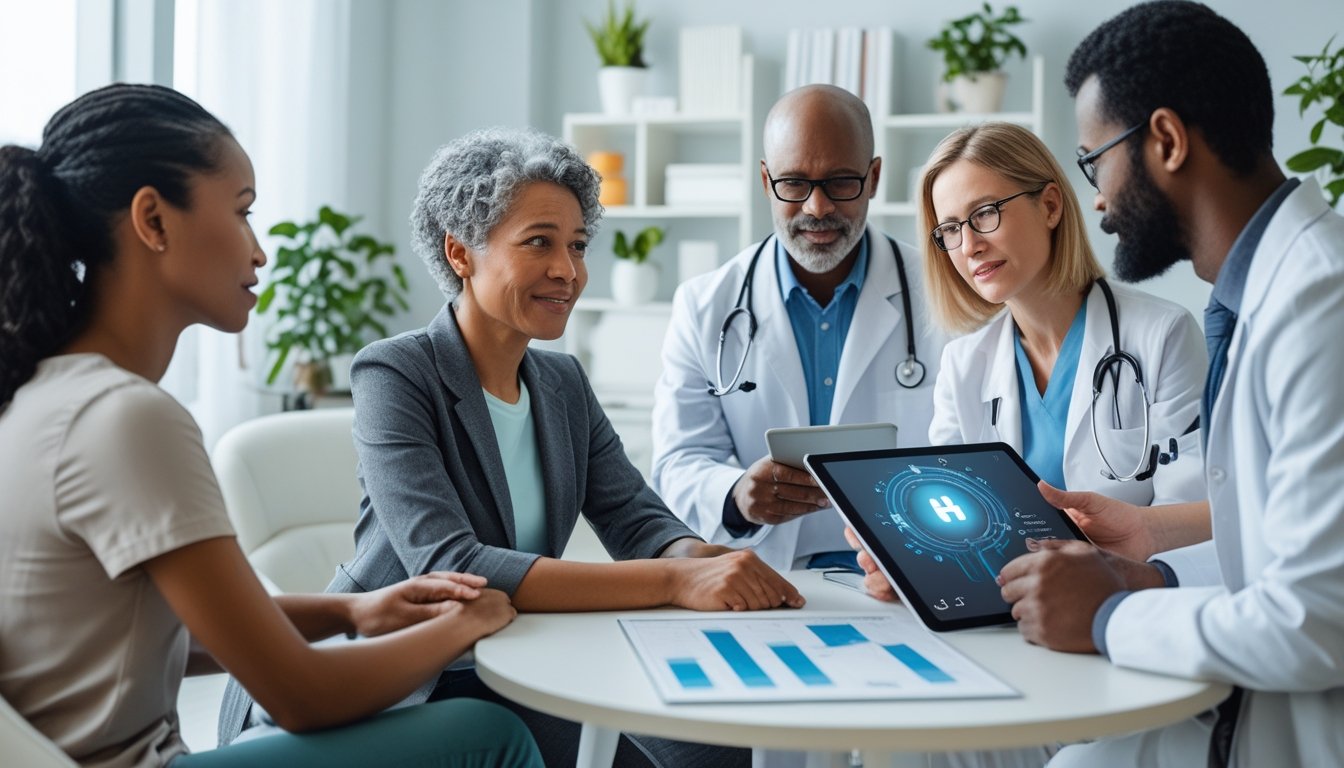 A group of healthcare professionals and a patient in a bright clinic room discussing mental health treatment.