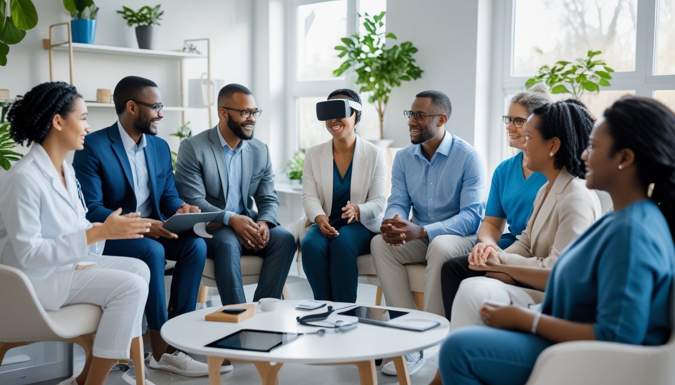 A diverse group of people in a bright mental health clinic using digital tools and interacting supportively during a therapy session.