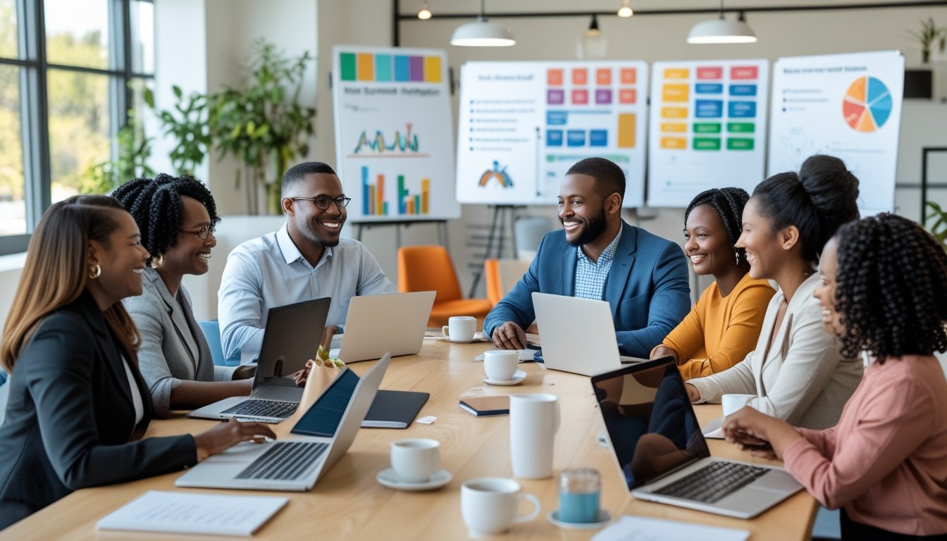 A diverse group of people sitting around a table in a bright office, discussing and collaborating on mental health support initiatives.