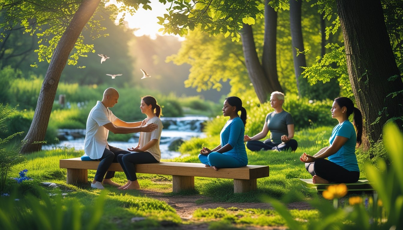 People participating in therapeutic activities in a green forest with sunlight filtering through trees and a small stream nearby.