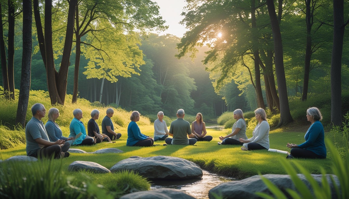A peaceful forest clearing with people meditating, journaling, and walking along a woodland path surrounded by tall green trees and a flowing stream.