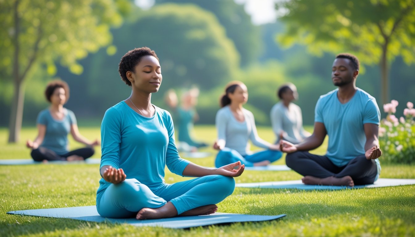 A group of people practising mindfulness and gentle stretching outdoors in a sunny park surrounded by trees and greenery.
