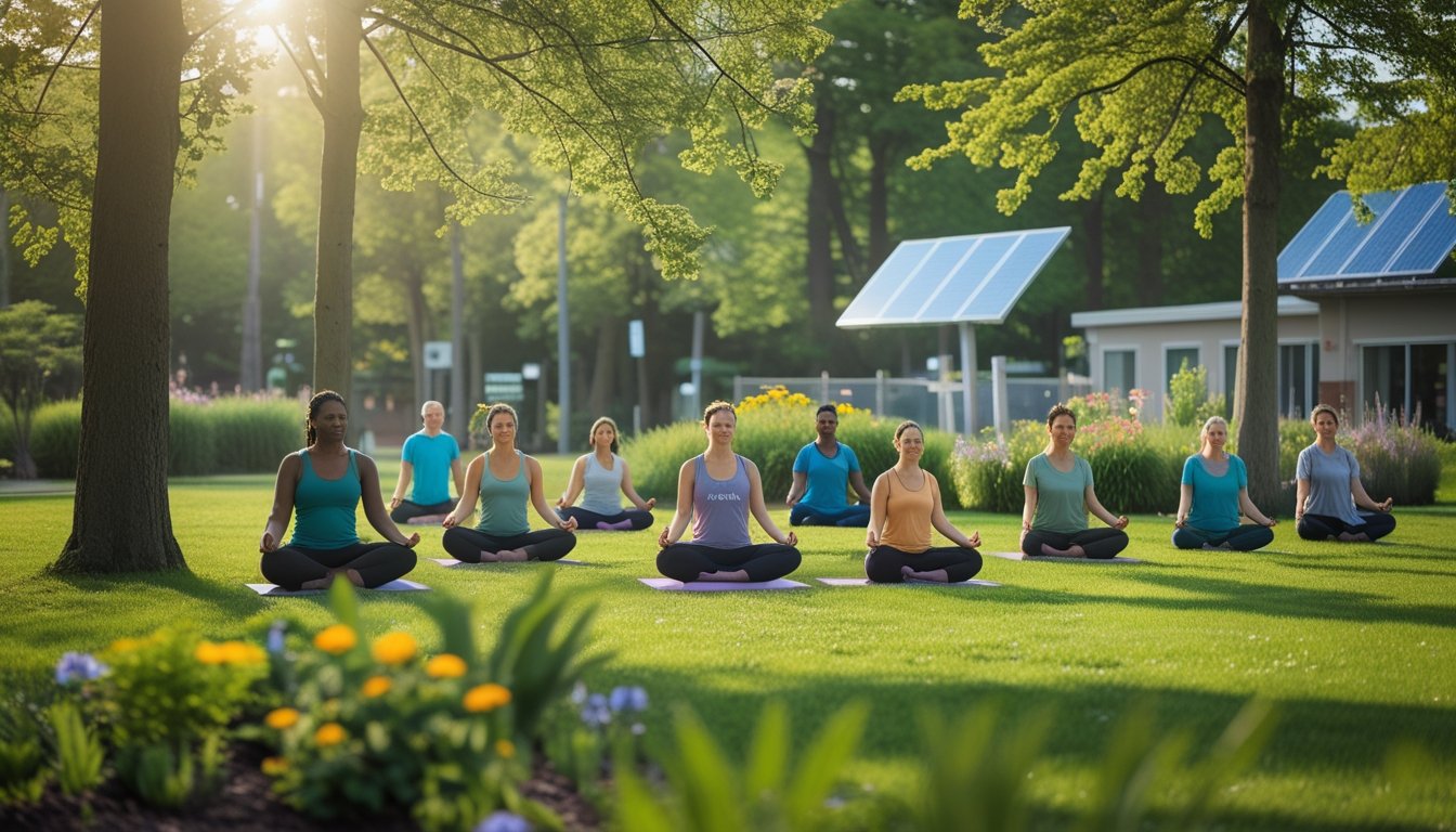 A group of people practising yoga and meditation outdoors in a green park with trees, flowers, and a community garden nearby.