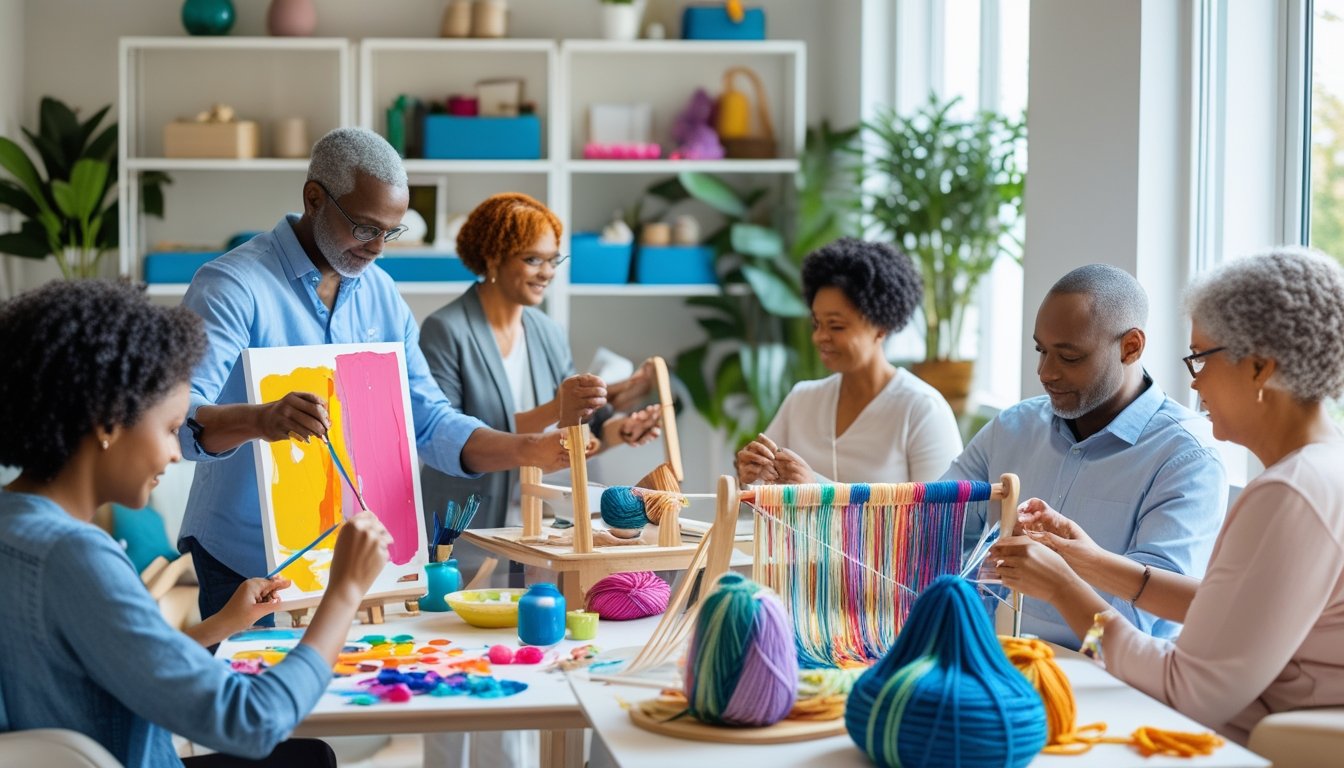 A group of adults engaged in painting, sculpting, and weaving in a bright therapy room filled with art supplies and natural light.