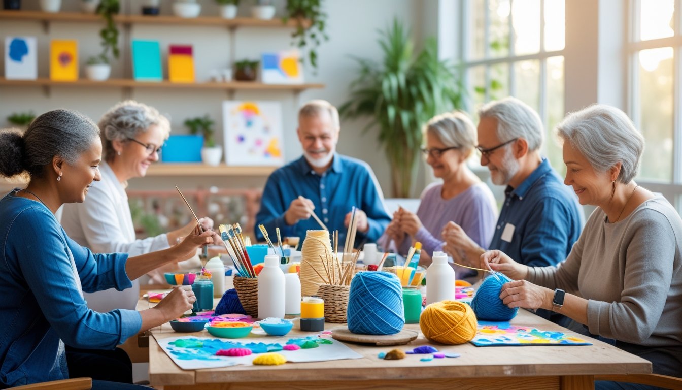 A group of adults sitting around a table engaged in various arts and crafts activities in a bright, welcoming room.