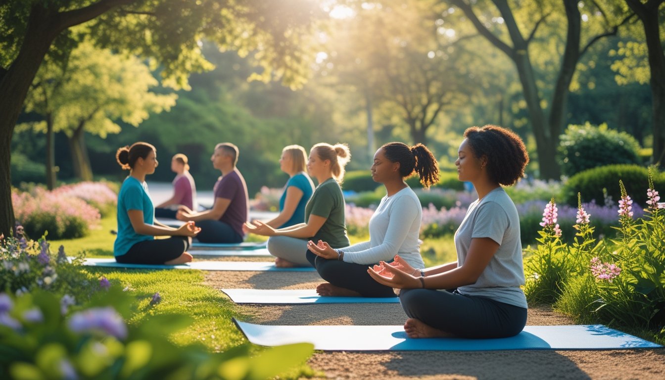 A group of people practising yoga, meditating, and walking in a peaceful park surrounded by trees and flowers.