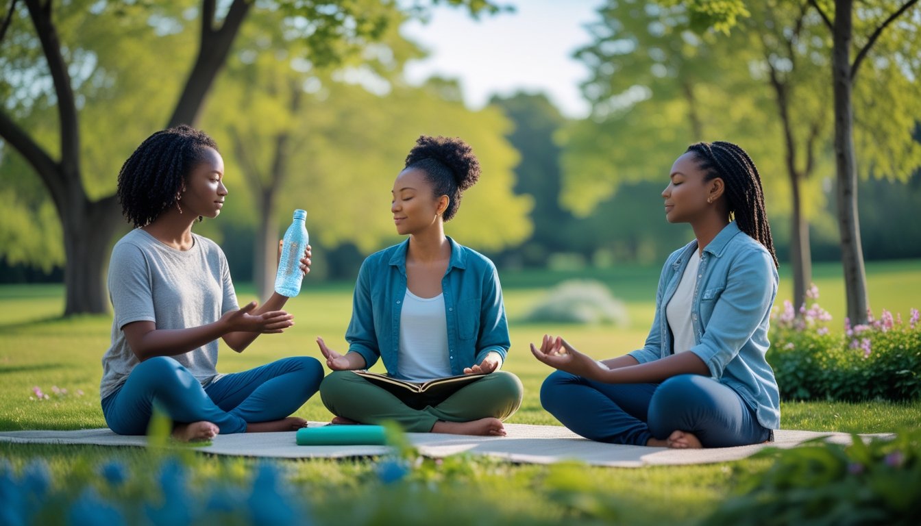 Three people having a calm conversation outdoors in a green park surrounded by trees and flowers.