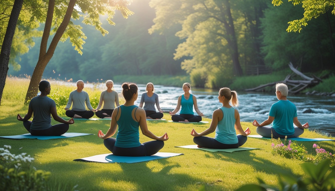 A group of adults meditating and doing yoga outdoors near a river in a peaceful forest setting with a therapist leading a small group discussion.