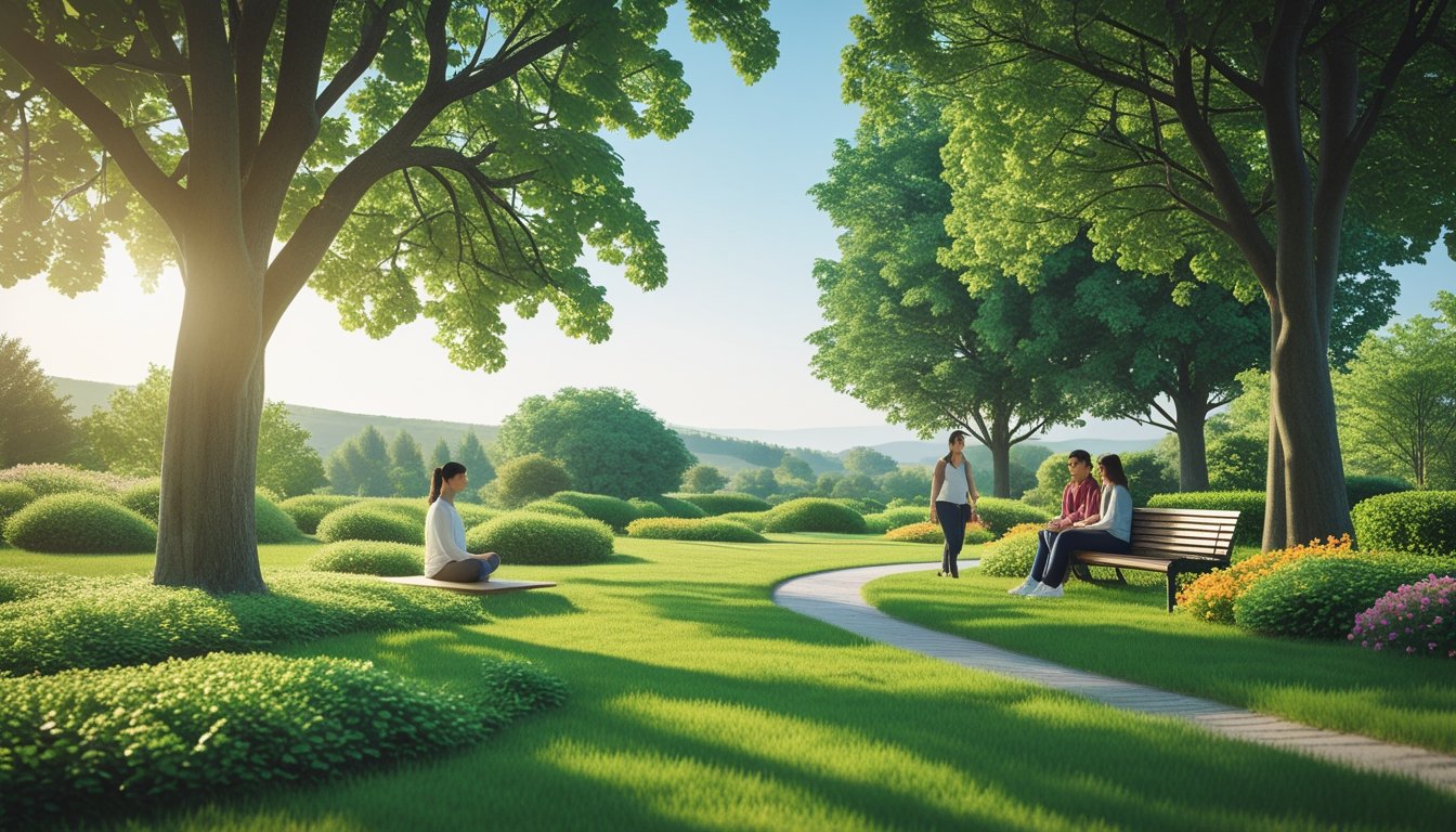 A peaceful park with people meditating, walking, and sitting on a bench surrounded by trees, grass, and flowers under a clear sky.