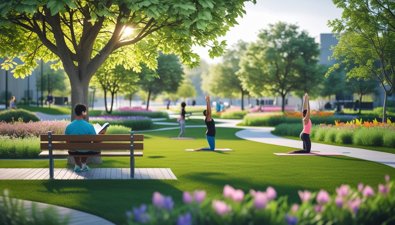 People enjoying a sunny urban park with trees, flowers, and grassy areas, some sitting on benches and others practicing yoga.