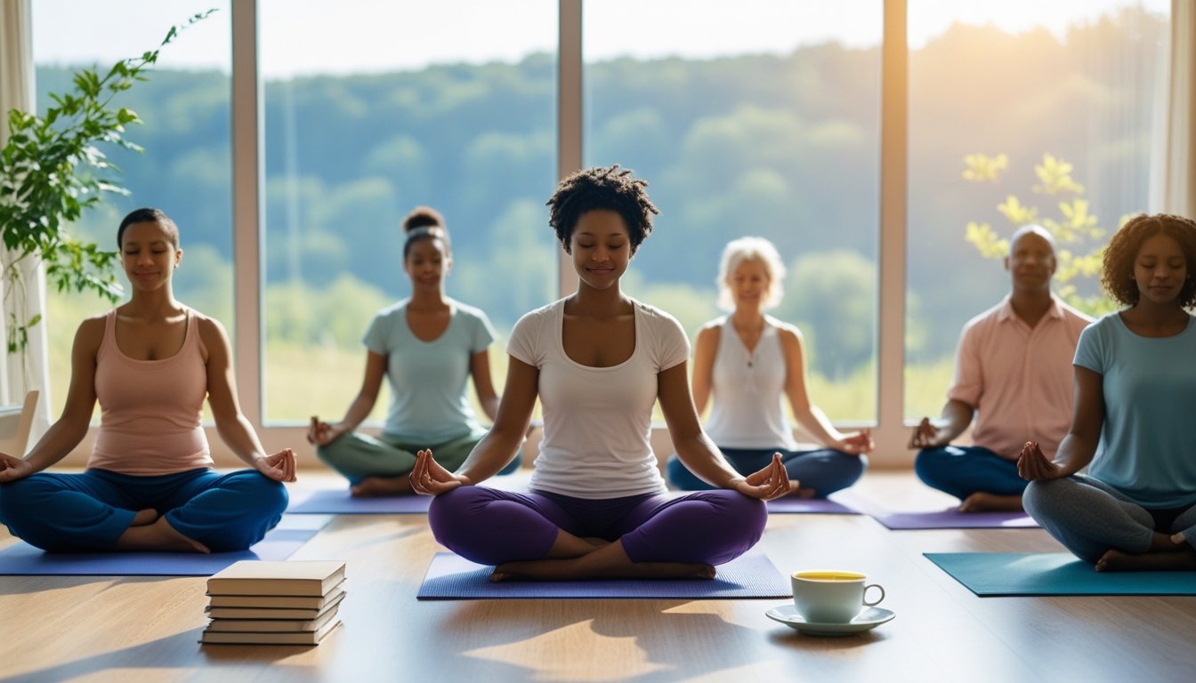 A group of people practising meditation and yoga in a bright room with a window showing a calm natural landscape.