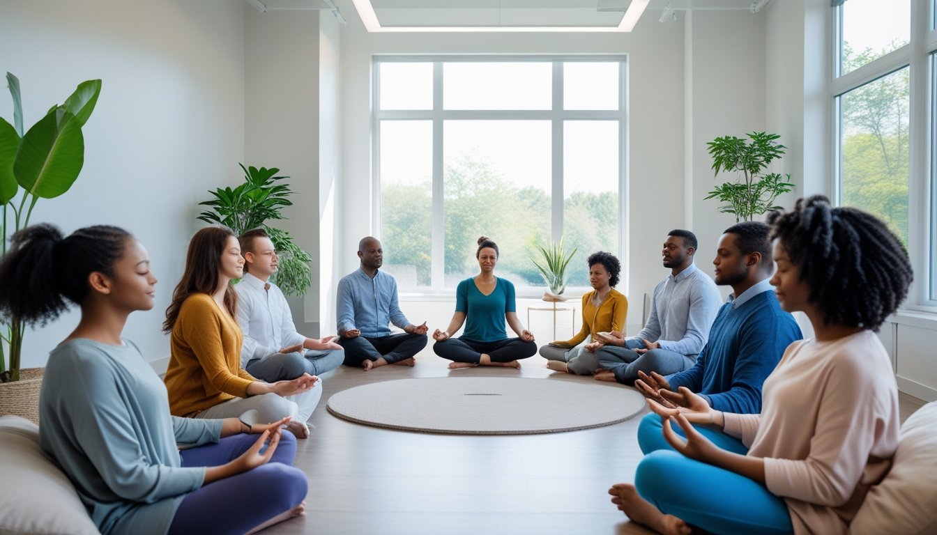 A group of diverse people sitting in a circle in a bright room, some talking and others meditating, creating a calm and supportive atmosphere.