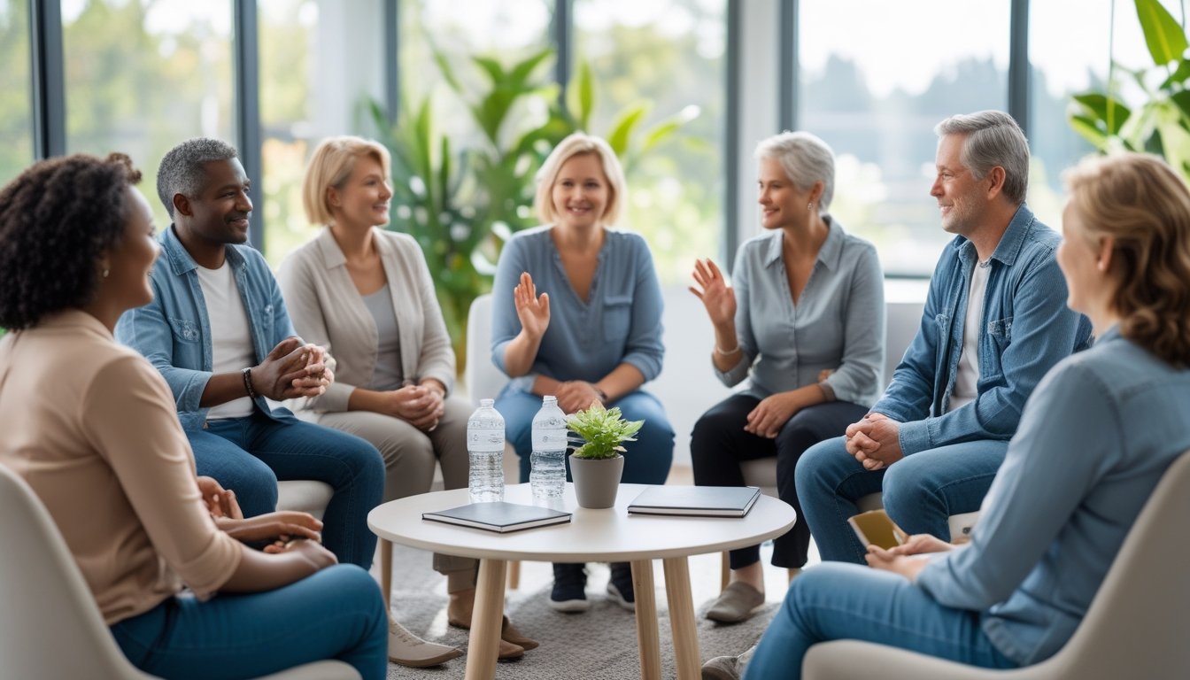 A diverse group of adults sitting in a circle in a bright room, engaged in supportive conversation during a sober support meeting.