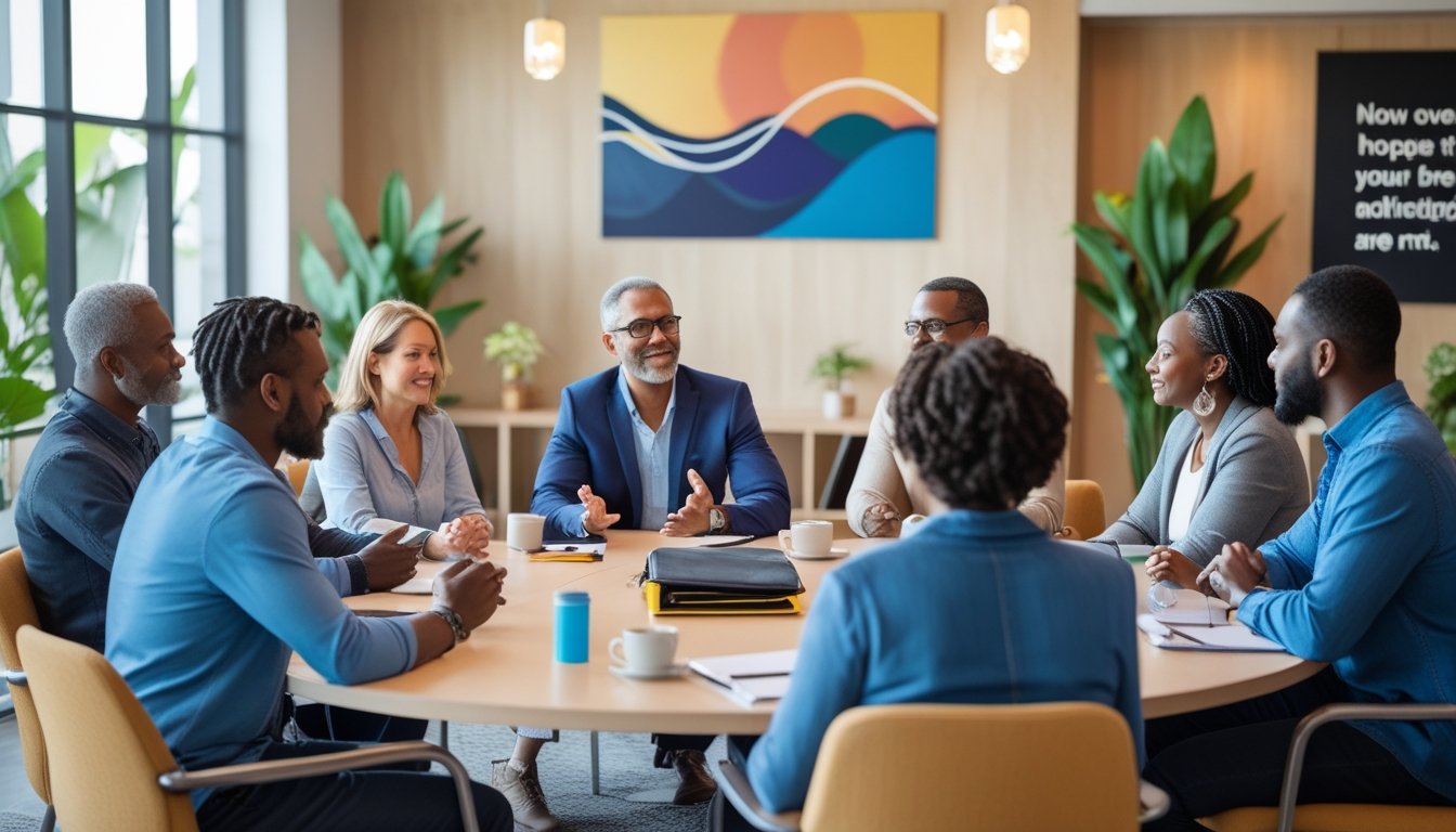 A diverse group of adults sitting in a circle in a bright room, engaged in a supportive group discussion about recovery.