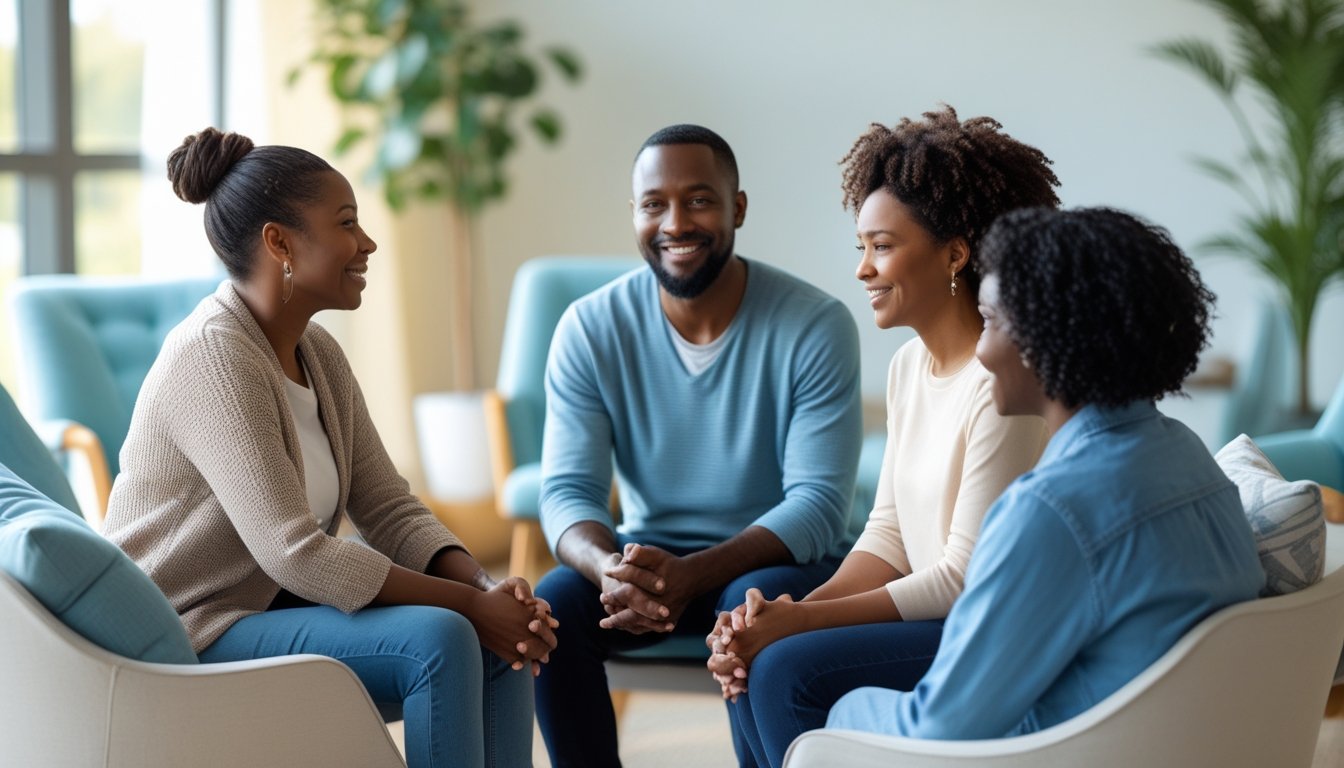 Three adults sitting in a circle in a bright room, engaged in a supportive group conversation.