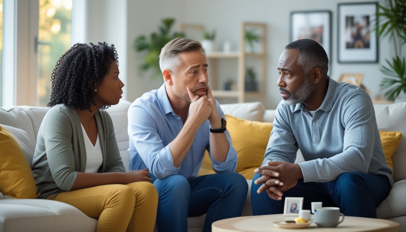 Three adults having a serious and supportive conversation in a bright living room.