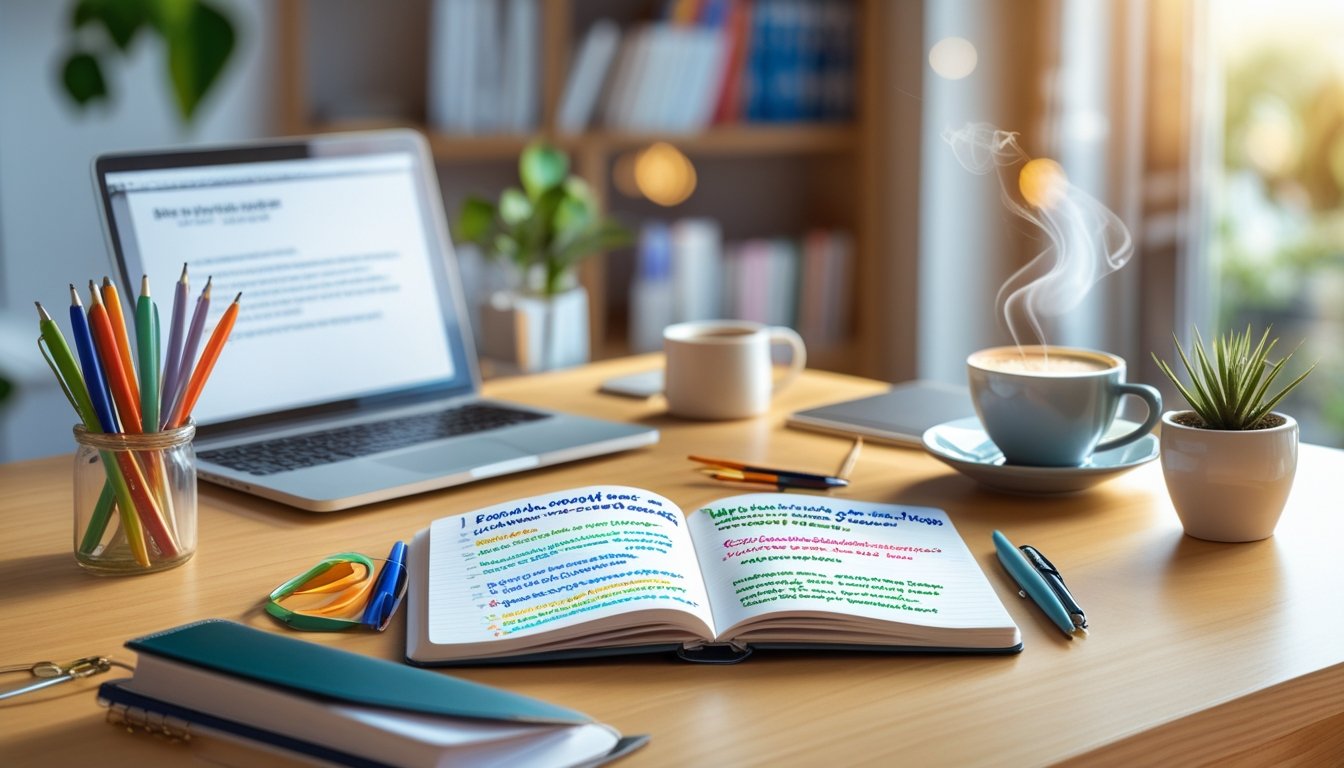 A workspace with an open notebook, colourful pens, a cup of coffee, a small plant, and a laptop on a wooden desk near a window.