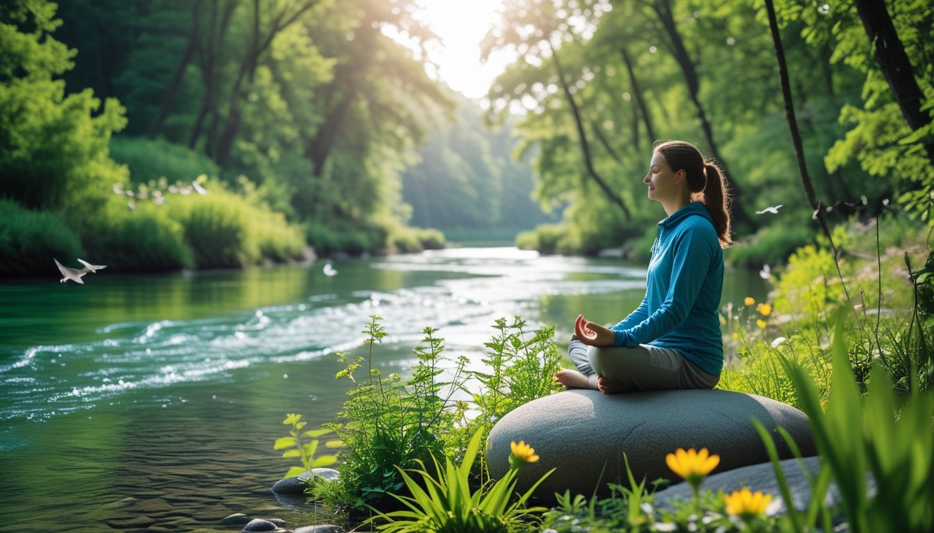 A person meditating by a calm river in a green forest with sunlight filtering through the trees.