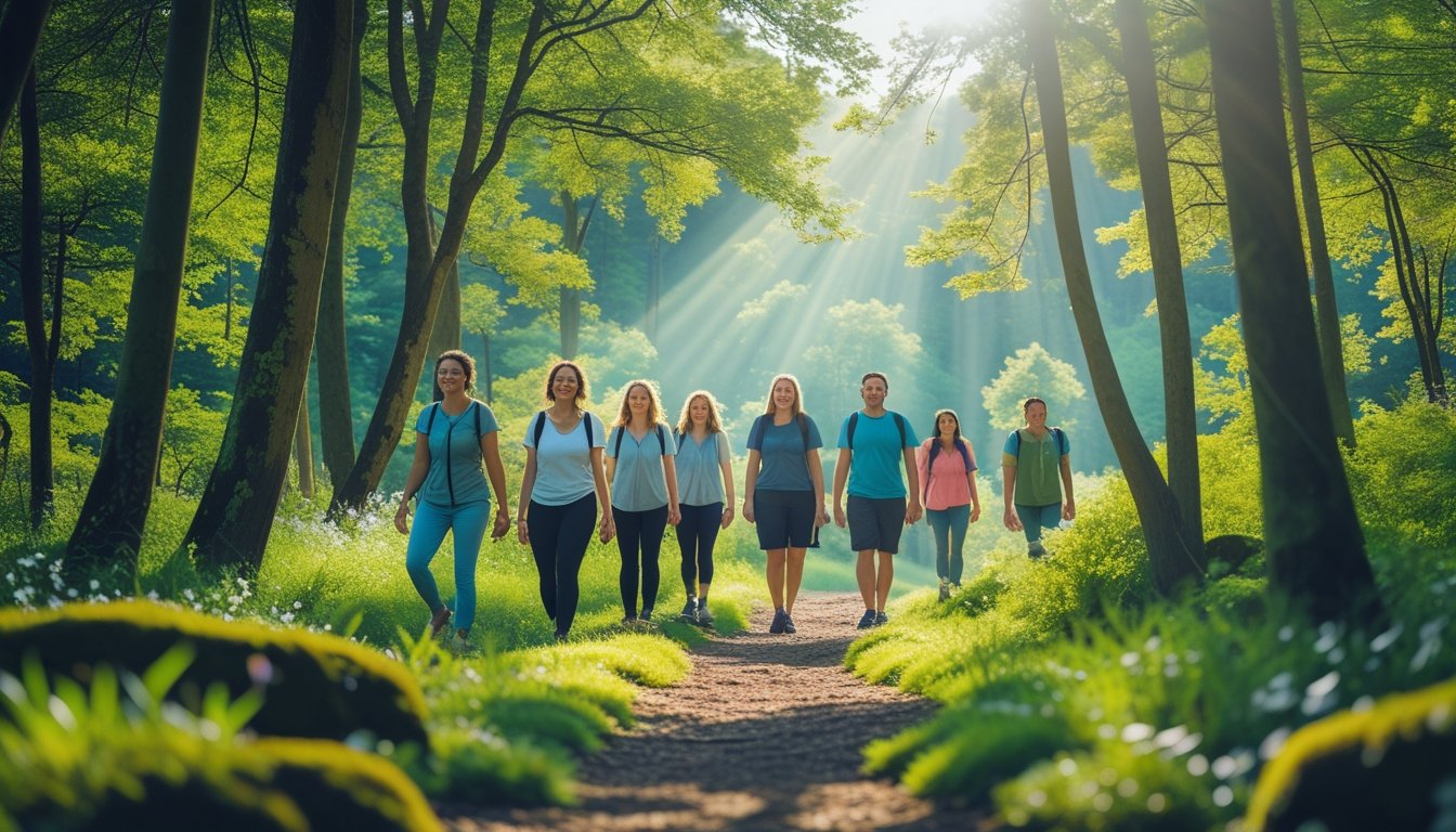 People walking along a sunlit forest trail surrounded by green trees and plants, looking relaxed and peaceful.