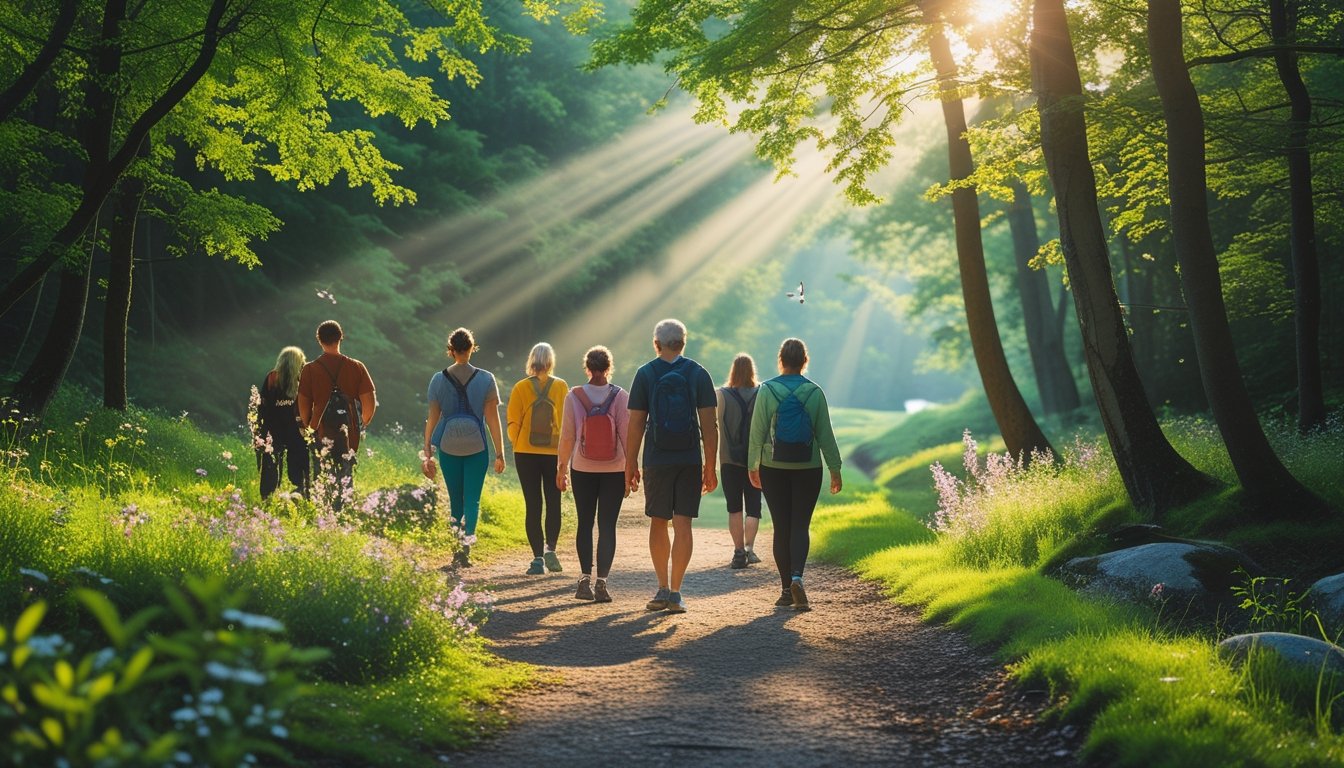 People walking along a sunlit forest trail surrounded by green trees and plants, with a stream flowing nearby.