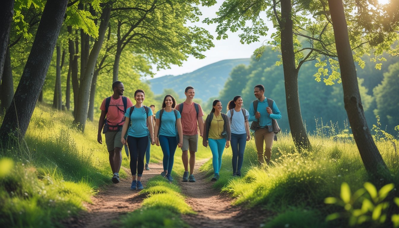 A group of people walking along a forest trail surrounded by tall green trees and sunlight, enjoying a peaceful nature walk.