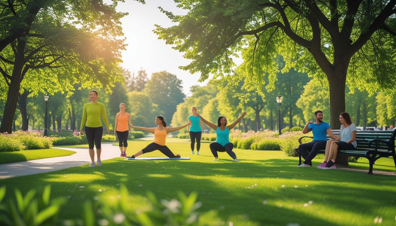 People enjoying different activities and socialising in a green park with trees and grass on a sunny day.