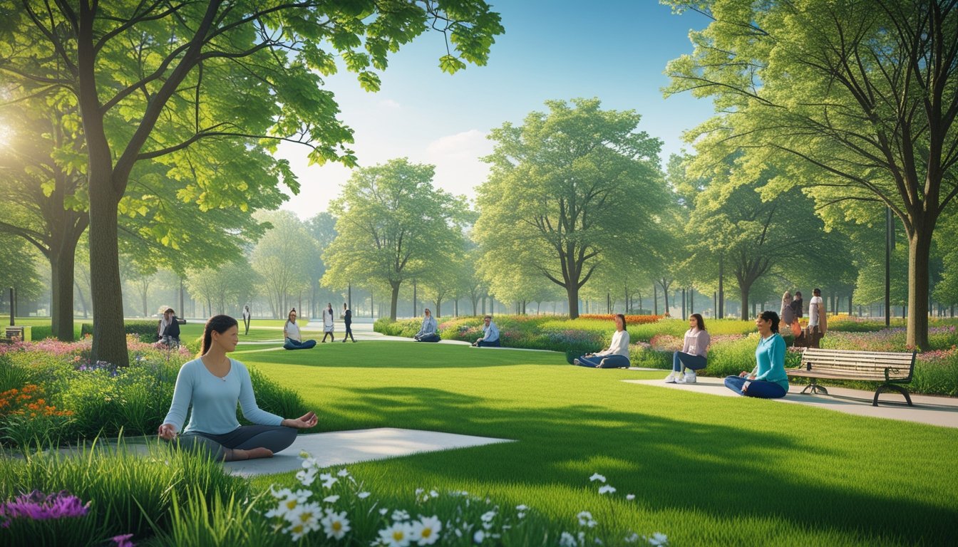 A peaceful park with green grass, trees, flowers, and people relaxing and walking outdoors.