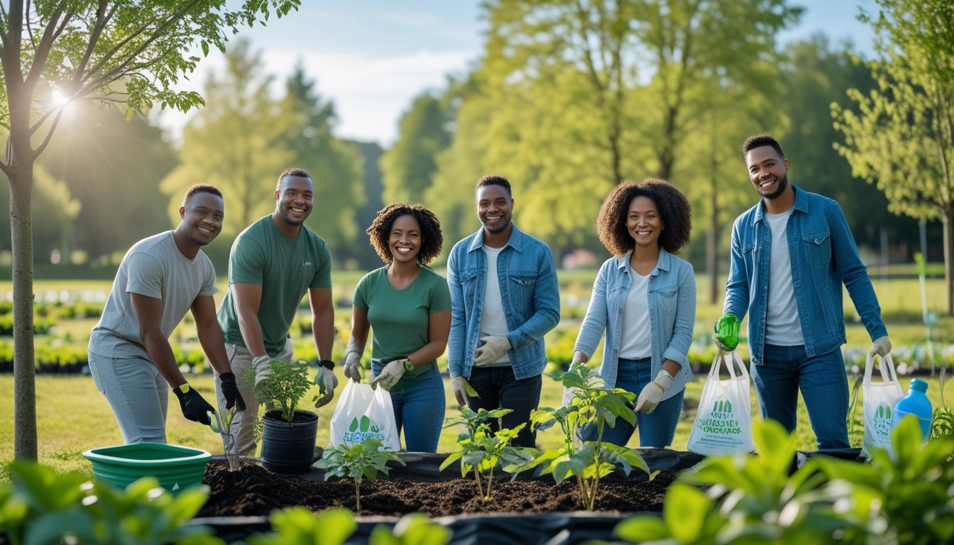 People planting trees and gardening outdoors in a green park on a sunny day, smiling and interacting peacefully.