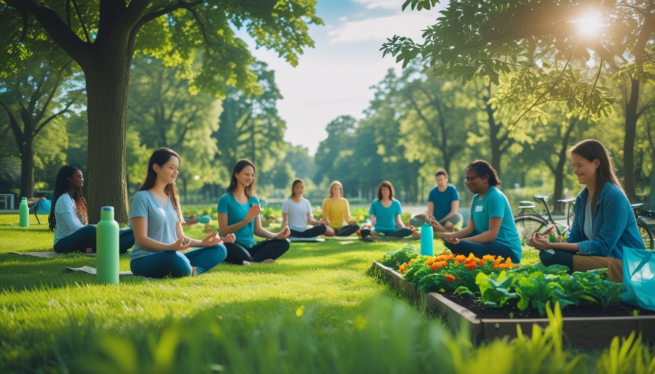 People practicing mindfulness and gardening in a green park surrounded by trees and sunlight.