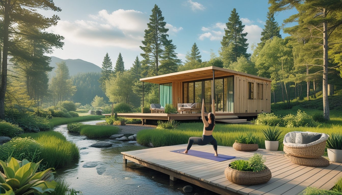 A peaceful eco-friendly cabin in a green forest by a clear stream, with a person practising yoga on a wooden deck surrounded by plants.