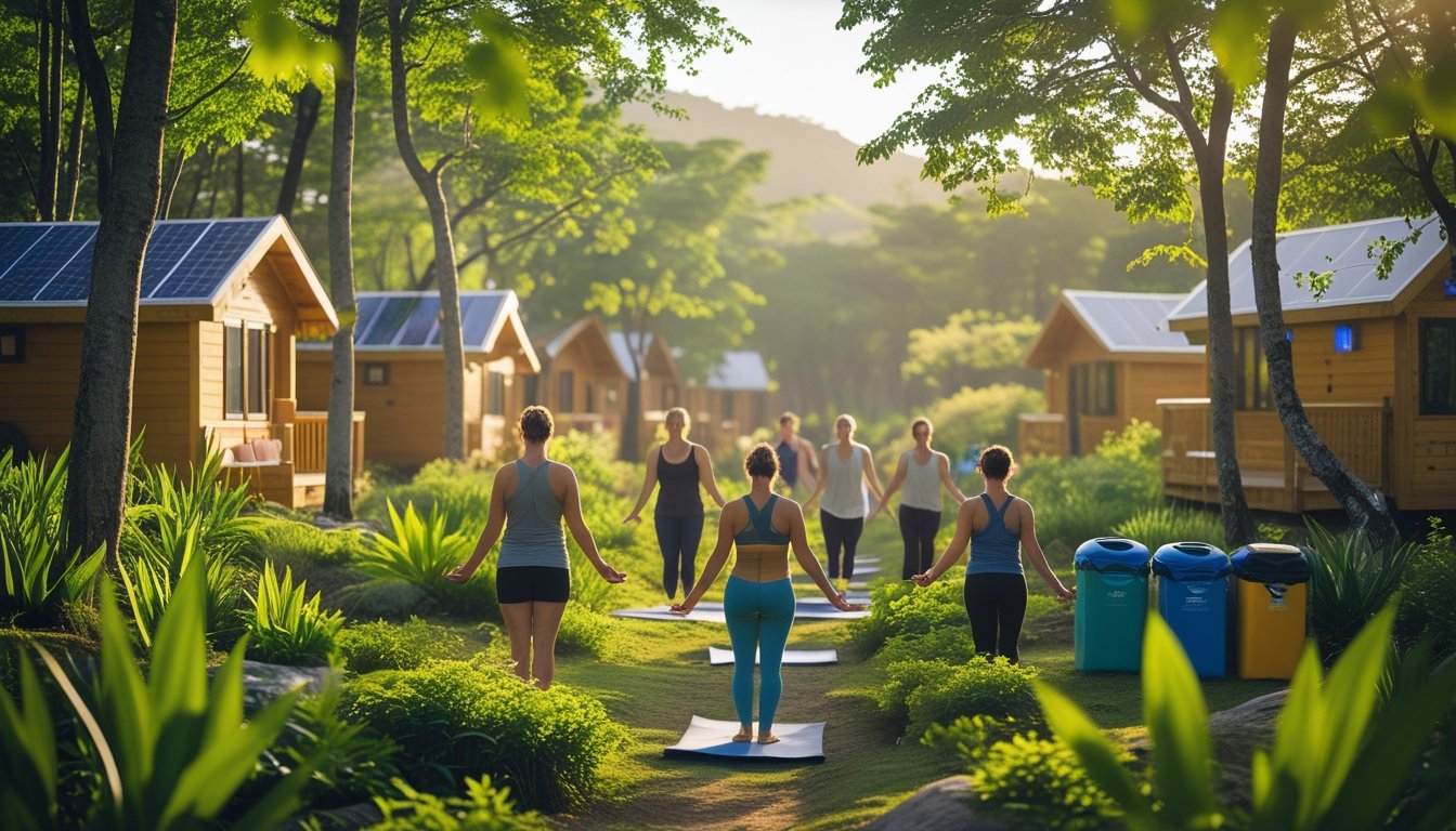 People practising yoga and meditation near eco-friendly cabins in a green forest retreat surrounded by trees and plants.