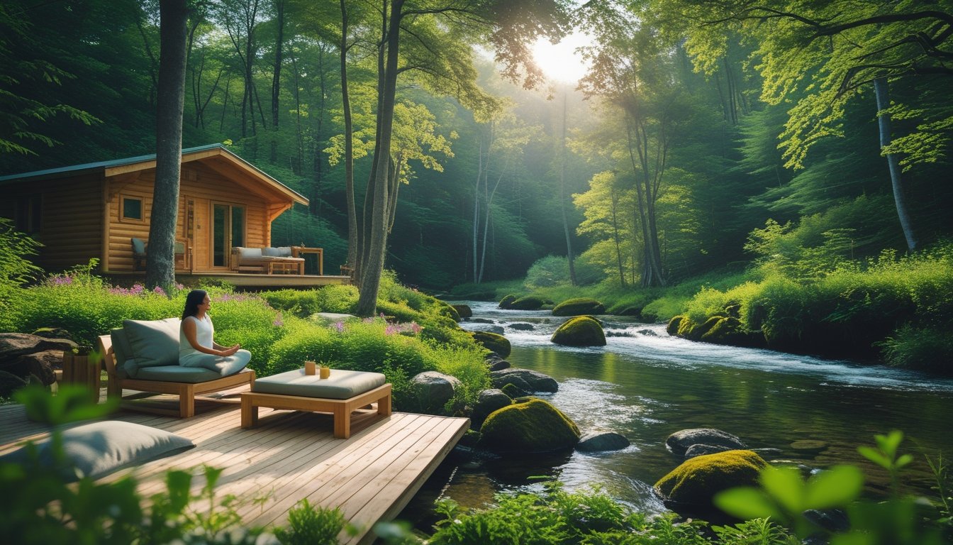 A peaceful forest scene with a wooden cabin, a flowing stream, wildflowers, and a person meditating on a wooden deck surrounded by trees.
