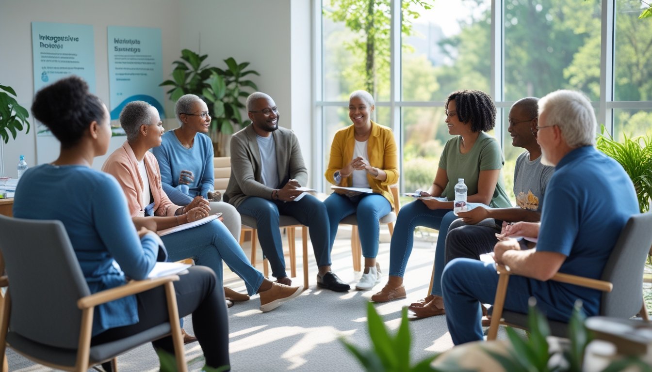 A diverse group of adults sitting in a circle in a bright community centre, engaged in a supportive group discussion.