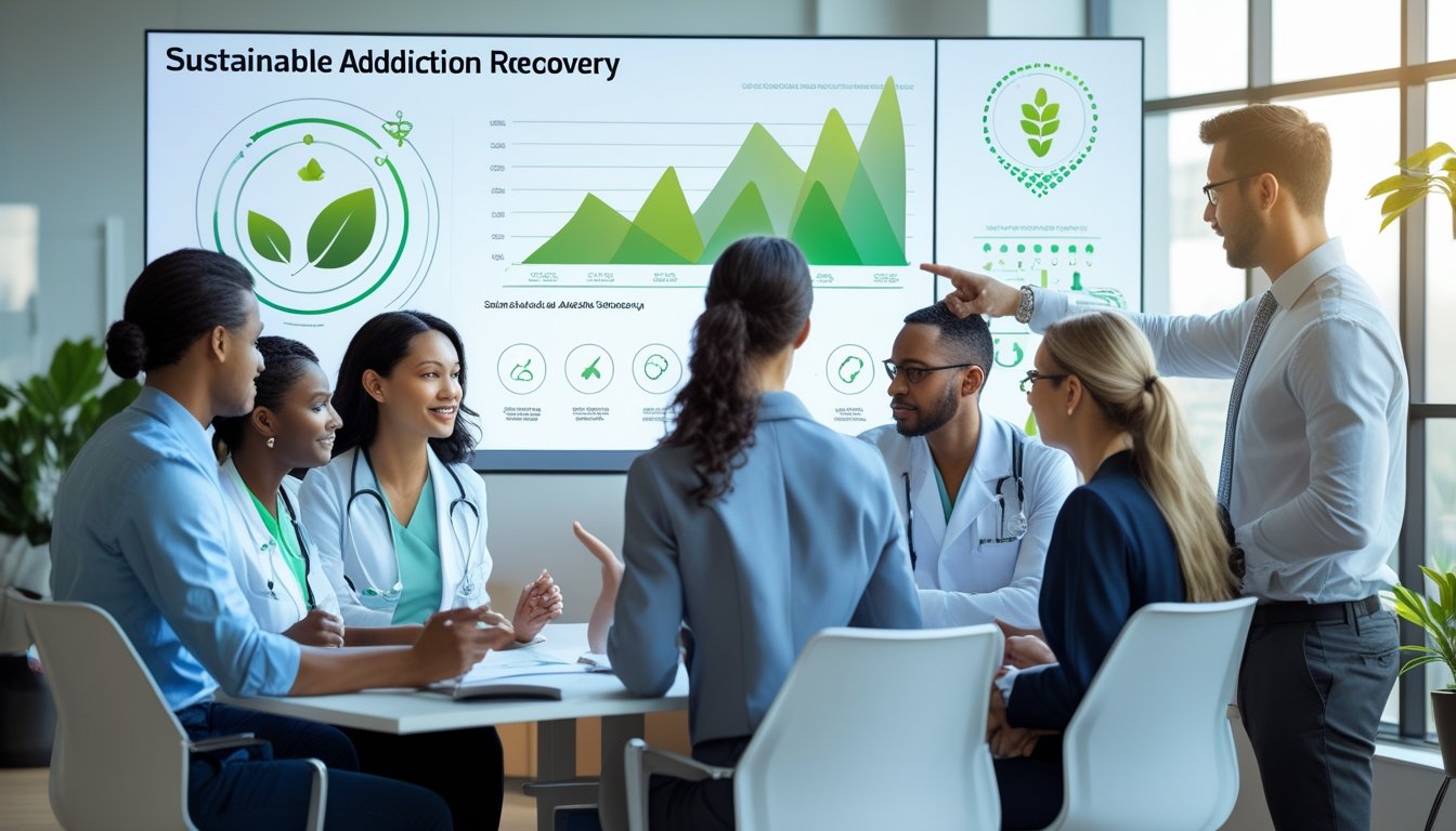 A group of healthcare professionals discussing future trends in sustainable addiction recovery around a digital screen in a bright office with natural light and greenery outside.
