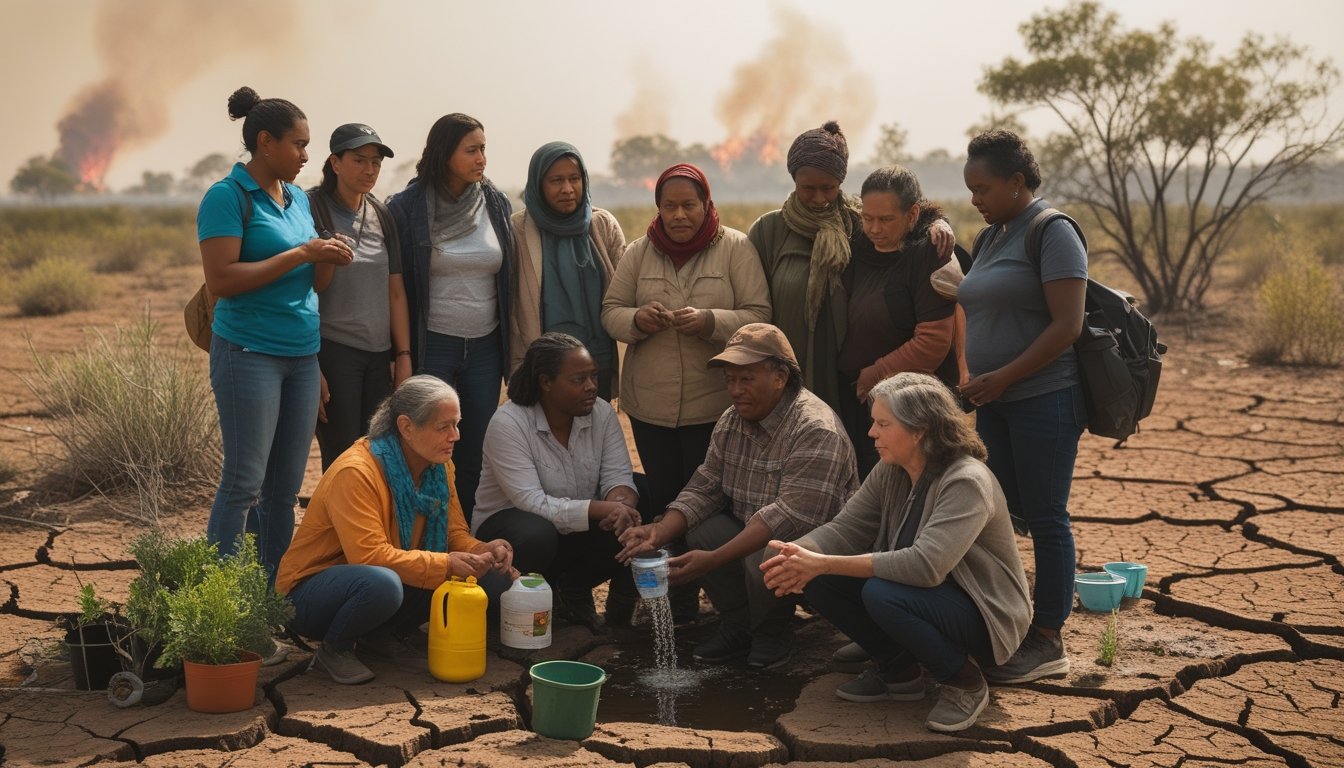 A diverse group of people outdoors in a dry landscape showing concern and support for each other amid signs of climate change.