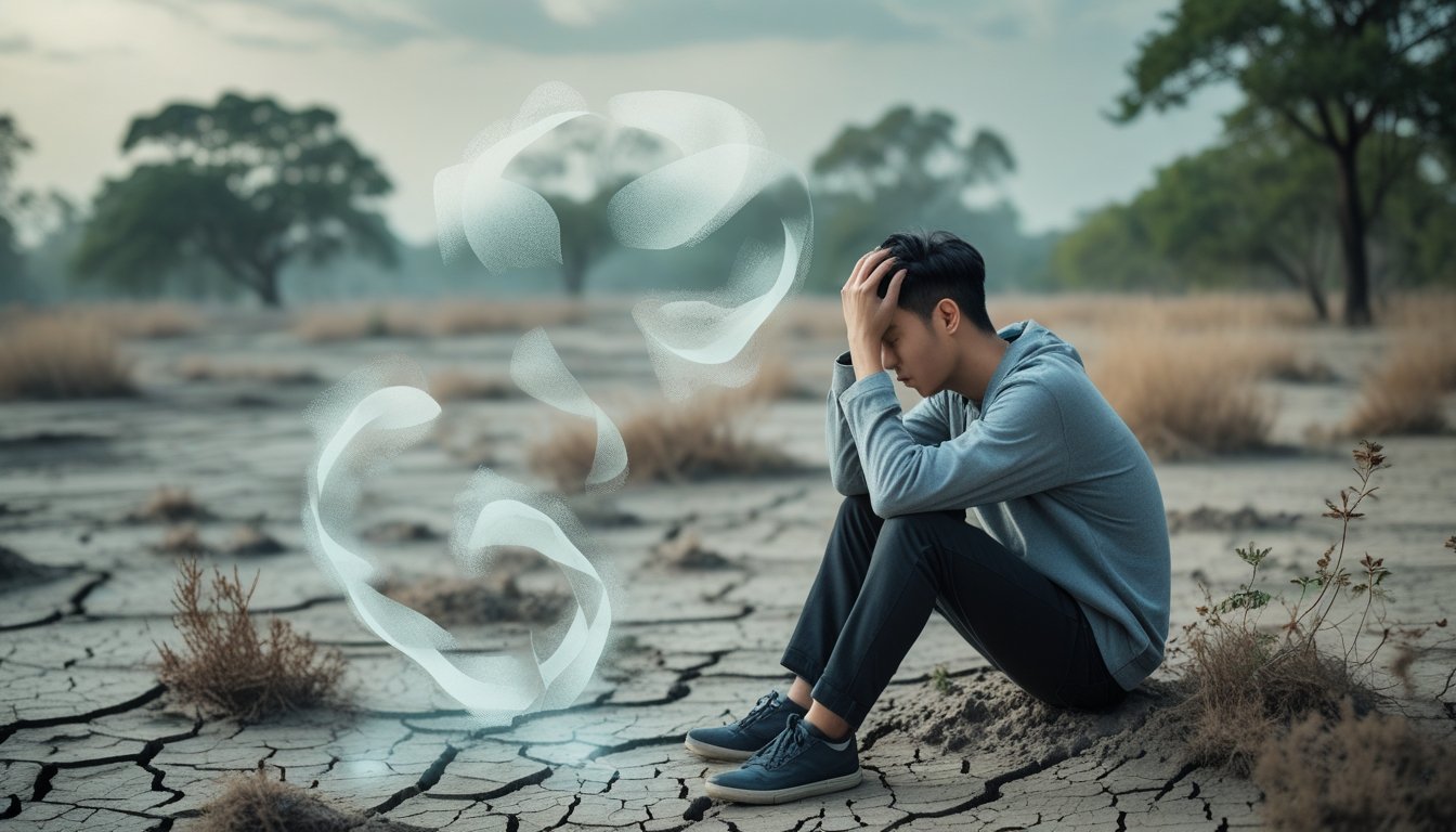 A young adult sitting outdoors on dry, cracked ground, looking thoughtful and distressed with a hazy sky and sparse trees in the background.