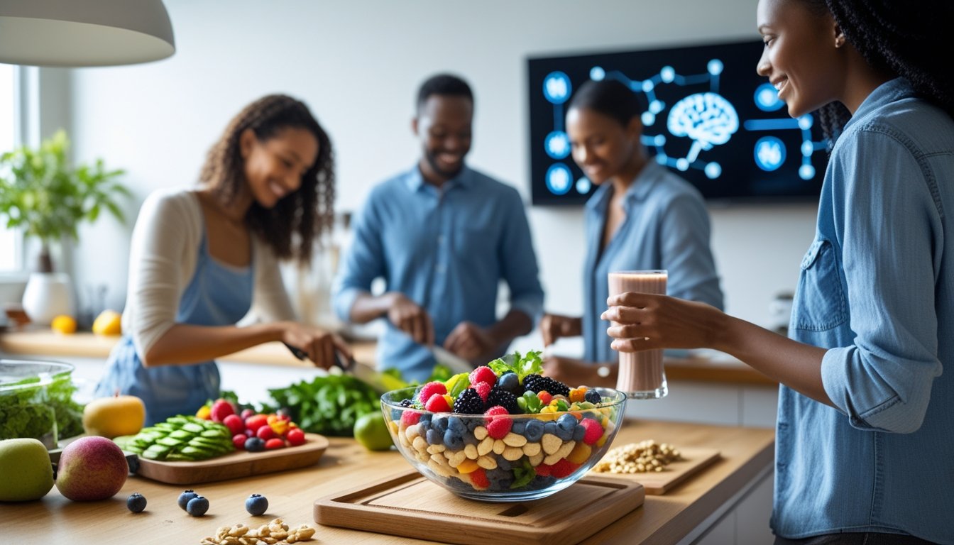People preparing and enjoying healthy foods like fruits, vegetables, and nuts in a bright kitchen, with subtle elements suggesting brain health and mental wellbeing.