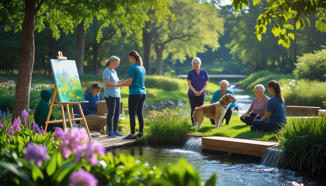 People participating in outdoor therapy activities with a therapy dog in a green park surrounded by trees and flowers.