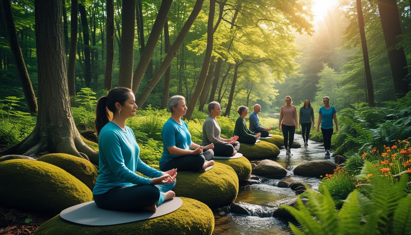 People practicing mindfulness and walking in a sunlit green forest near a clear stream surrounded by wildflowers.