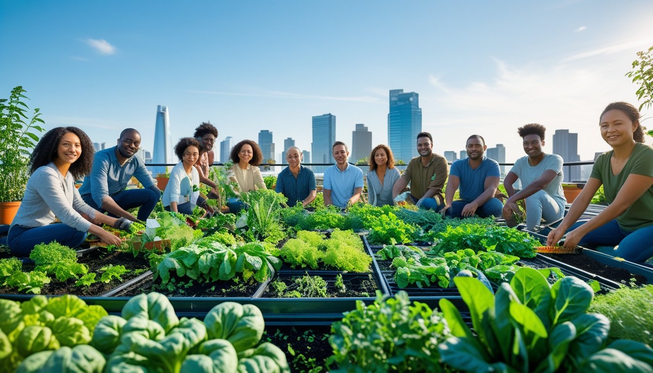 People gardening together on a rooftop urban farm with a city skyline in the background.
