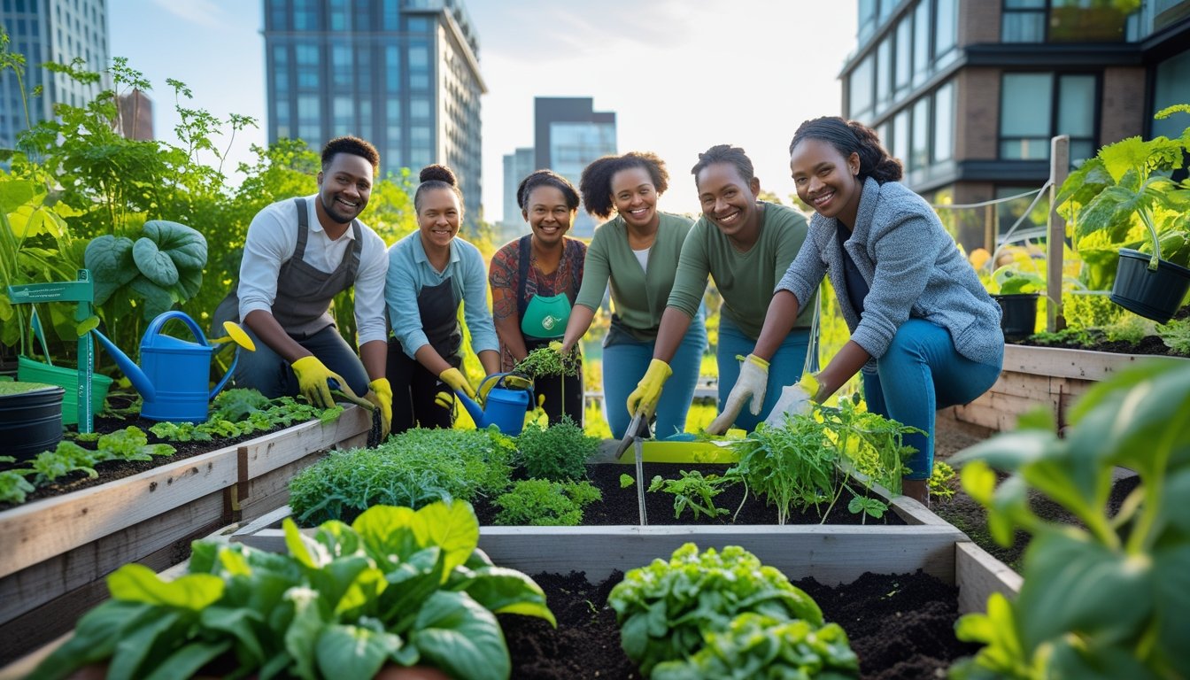 People of different ages and backgrounds working together in a city rooftop garden, planting and caring for vegetables and herbs with buildings visible in the background.