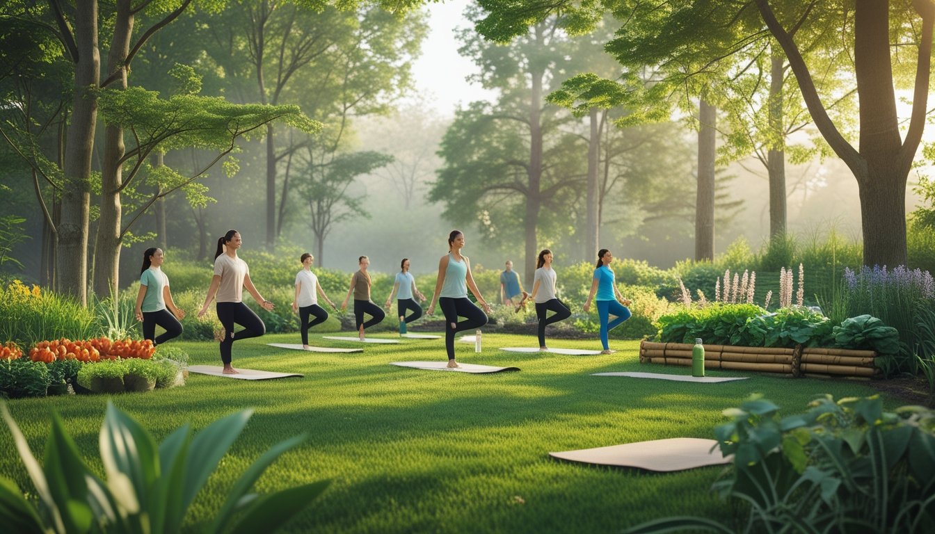 People practising yoga and meditation outdoors in a green park surrounded by trees and plants, with a community garden nearby.